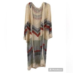 POL Crochet Hooded Open Front Lightweight Long Boho Cardigan Size Medium